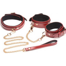 Xr Brands 6-Piece Burgundy Bondage Set with Cuffs, Collar and Belt