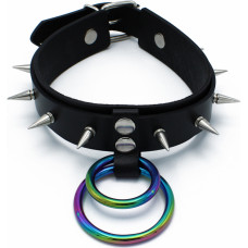 Kiotos Leather Black Leather Spiked Collar Double Rainbow O-Ring