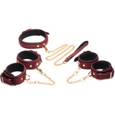 Xr Brands 6-Piece Velvet Burgundy Bondage Set with Cuffs, Collar and Belt