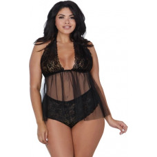 Dreamgirl Retro, Lace and Mesh Halter Babydoll - Plus Size