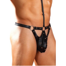 Male Power Tormentor - One Piece Choker G-String with Contour Peek-a-Boo Pouch - S/M - Black