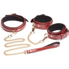 Xr Brands 6-Piece Burgundy Bondage Set with Cuffs, Collar and Belt