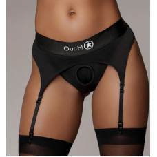 Ouch! By Shots Vibrating Strap-on Thong with Adjustable Garters - M/L - Black