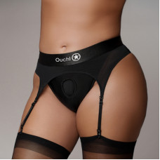 Ouch! By Shots Vibrating Strap-on Thong with Adjustable Garters - XL/XXL - Black