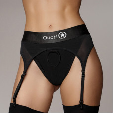 Ouch! By Shots Vibrating Strap-on Thong with Adjustable Garters - XS/S - Black