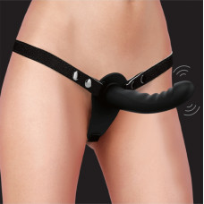 Ouch! By Shots Dual Vibrating - Rechargeable - 10 Speed Silicone Ribbed Strap-On - Adjustable - Black