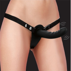 Ouch! By Shots Vibrating and Rechargeable - 10 Speed Silicone Ribbed Strap-On - Adjustable - Black