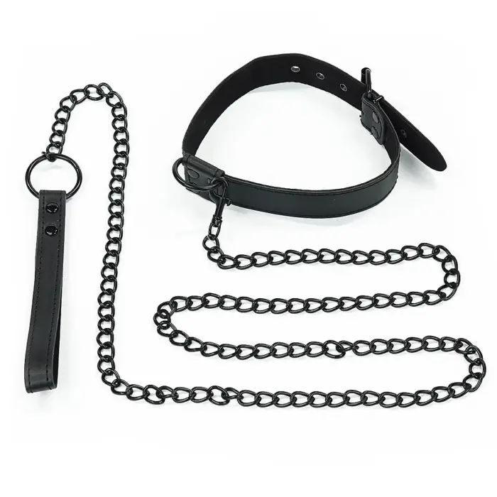 Bondage Fetish Black Matt Collar With Leash – collar and leash – faux leather – black