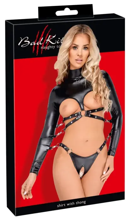 Bad Kitty Bondage Bodysuit with Open Cups and Crotchless Thong – Black – 2XL
