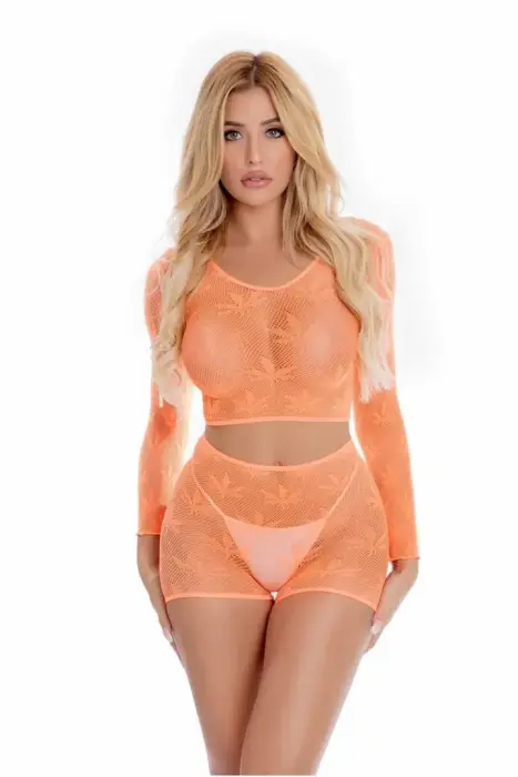 Leaf It To Me – long-sleeve net crop top and shorts set with hemp leaf embroidery – orange – one size