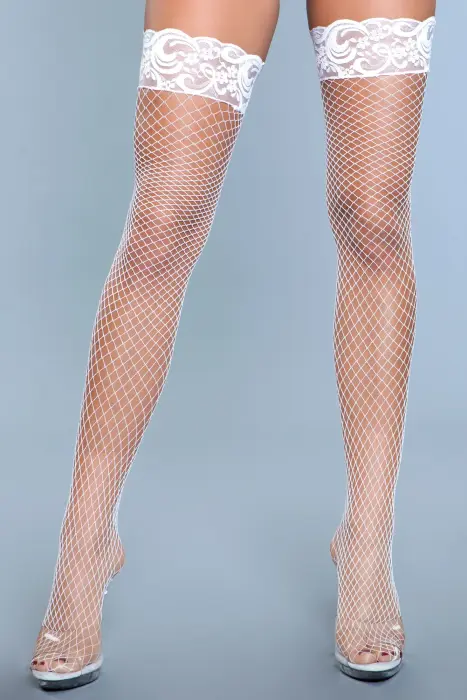 Be Wicked Amber Lace Top Fishnet Thigh Highs – White – One Size