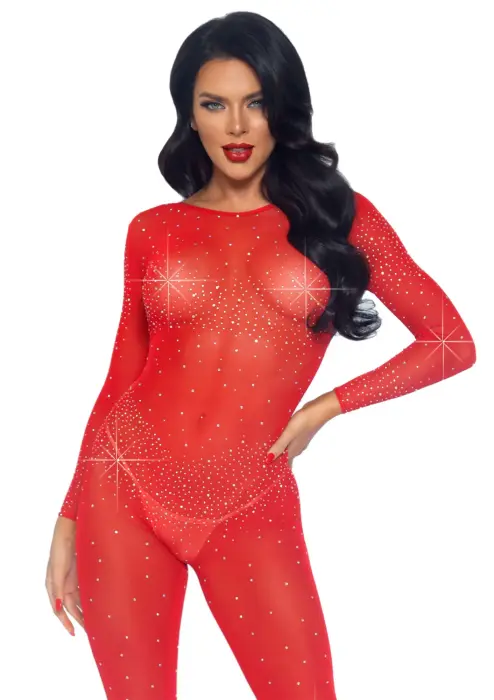 Sheer Rhinestone Catsuit – Red – S