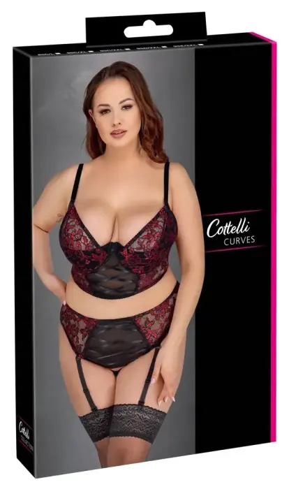 Cottelli CURVES Longline Bra & Suspender Thong Set – Black/Red – 95C/2XL
