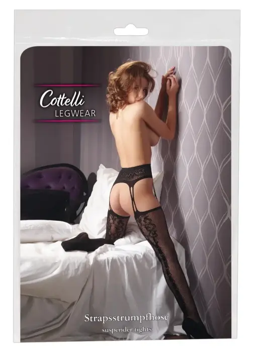 Cottelli Collection zeķubikses ar zeķturim līdzīgu dizainu L/XL – melns tīkliņš, ar šuvi aizmugurē