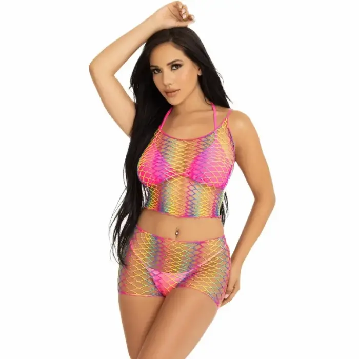 Leg Avenue Rainbow Multicolor Fishnet Two-Piece Set Top & Shorts – One Size