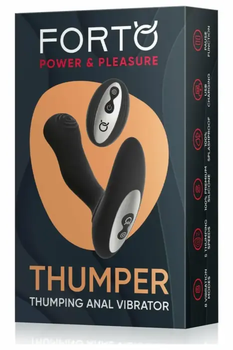 FORTO Thumper – анальная пробка с функцией ударов – силикон – чёрный – 8 режимов