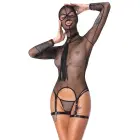 Bad Kitty Black Net Basque Set with Mask, Choker, and Flogger – S Photo