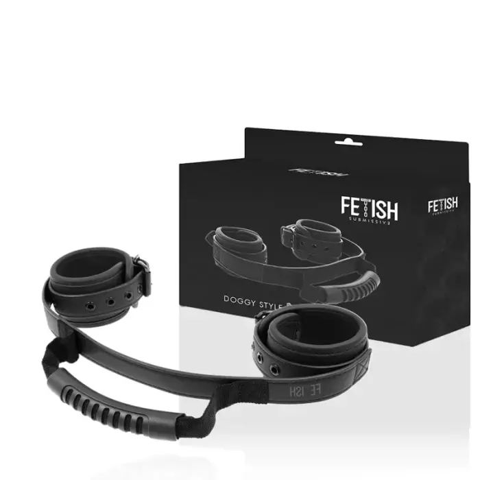 Fetish Submissive Vegan Leather Handcuffs with Handle – Black