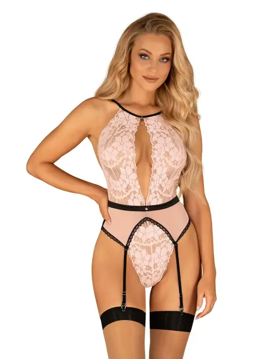 Кружевное боди Lilines с подвязками – розовый – S/M