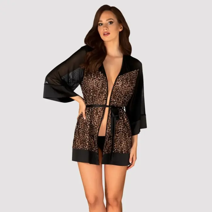 Obsessive Allunes Peignoir Robe – Animal Pattern – Black – S/M