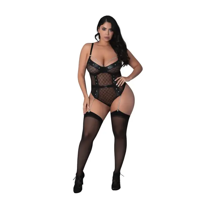 Magic Silk Phoenix Diamond Mesh Teddy with Chains & Studs – Black – 2X