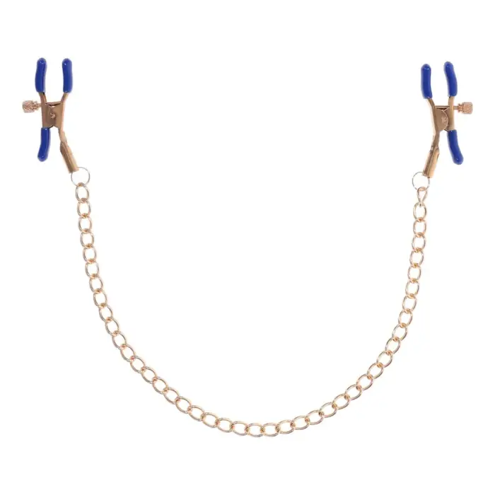 Sportsheets Cougar Adjustable Gold Chain Nipple Clamps with Blue Tips