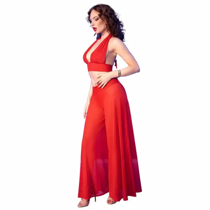 Chilirose CR 4857 Women's Red Sheer Top & Wide-Leg Pants Set – L