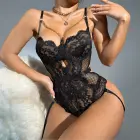 Sheer Lace Cut-out Bodysuit with Neckline Chain – S/M – Black — Photo 3