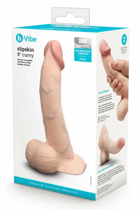 b-Vibe SlipSkin 8" Curved – силиконовый фаллоимитатор, реагирующий на давление, на присоске – кремовый – 20,3 см