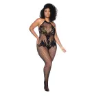 Сетчатое боди с цветочным узором, бретелями на шее и открытой промежностью – чёрное – Queen Size — Фото 2