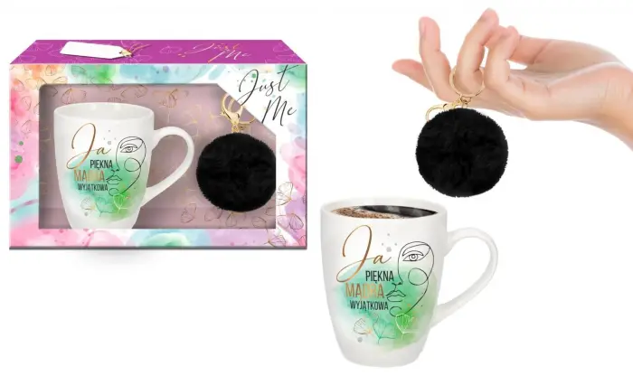 JUST ME barrel mug 300 ml + black pompom – "Ja piękna, mądra, wyjątkowa"