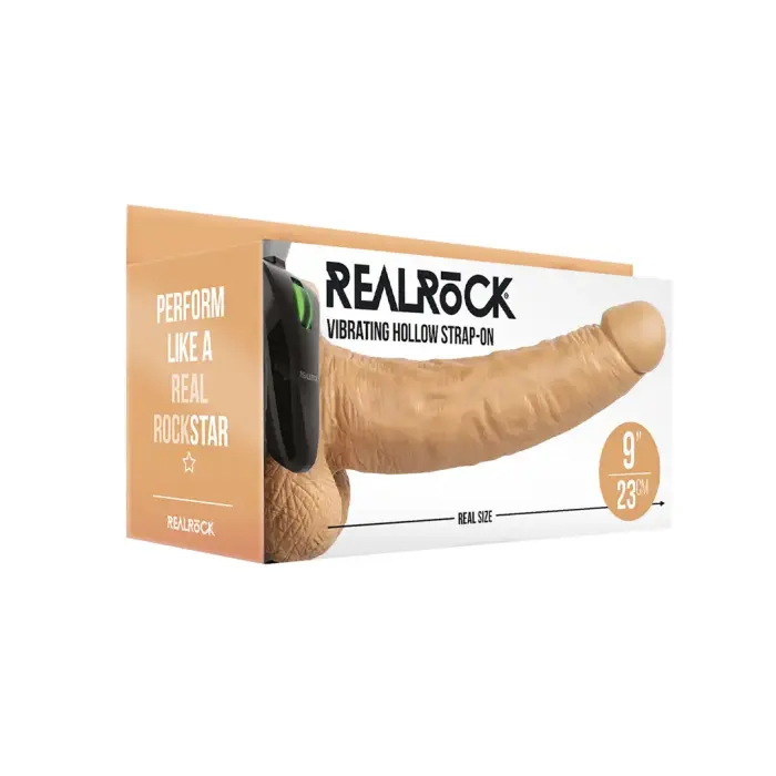 RealRock вибрирующий полый страпон с шариками – 23 см (9″) – телесный