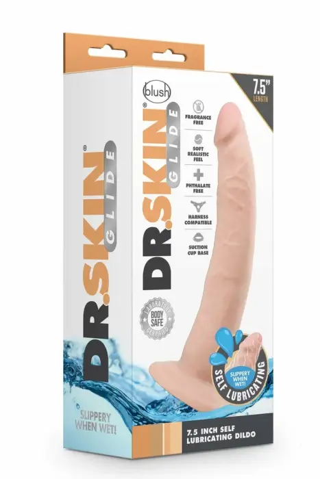 Dr. Skin Glide – pašsmērējošs TPE dildo ar piesūcekni – miesas krāsā – 19 cm