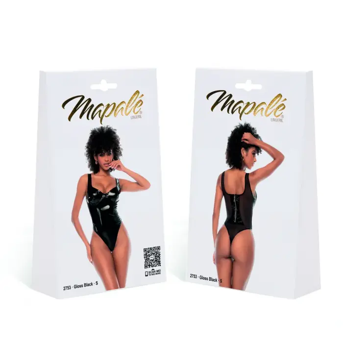 Gloss Black Vinyl and Tulle Bodysuit – M