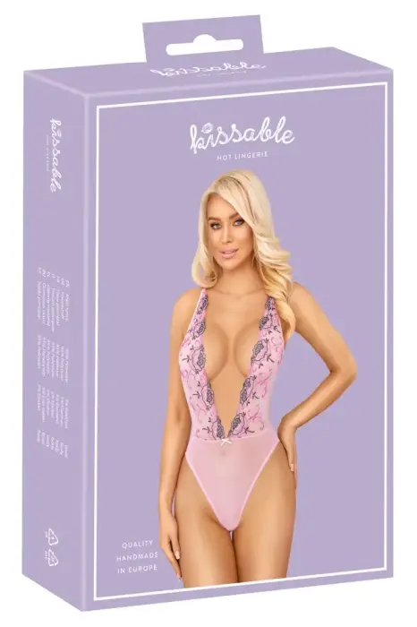 kissable Floral Embroidery Bodysuit – Pink – S/M