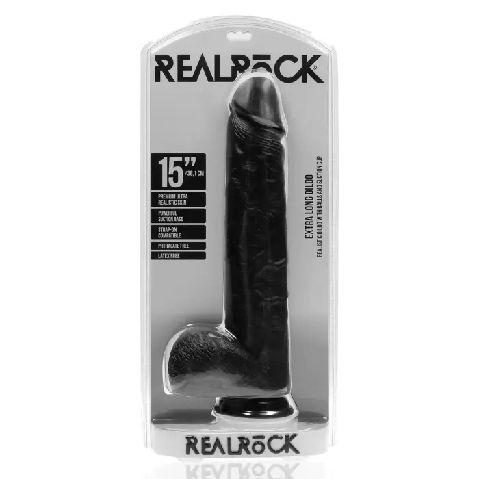 Īpaši liels taisns dildo ar sēkliniekiem un piesūcekni – 38 cm (15″) – Melns