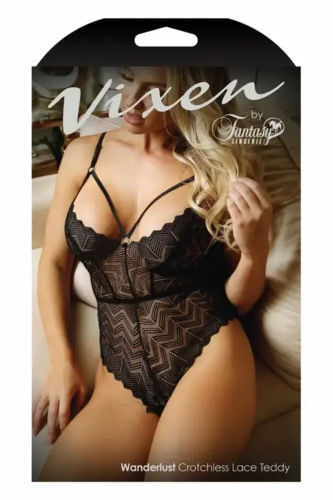 Wanderlust Chevron Lace Teddy – elastīgs tedijs ar atvērtu starpi – melns – viens izmērs