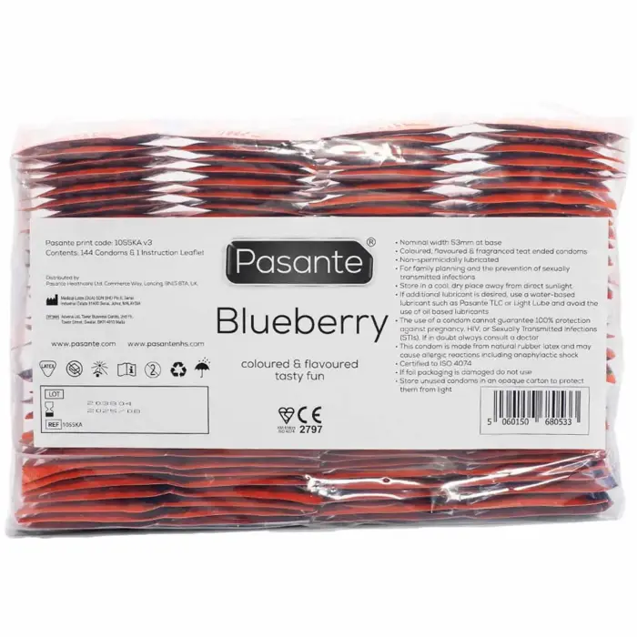 Pasante Blueberry Blast mustikamaitselised kondoomid – 144 tk
