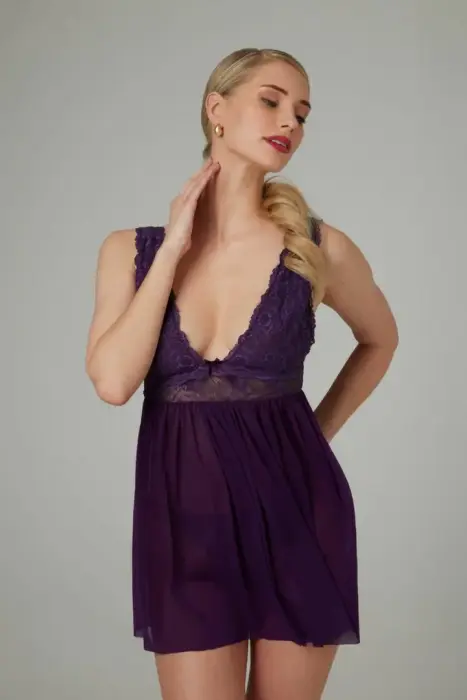 Christine Lieve Babydoll & Thong Set - Purple, Lace, Wide Fit
