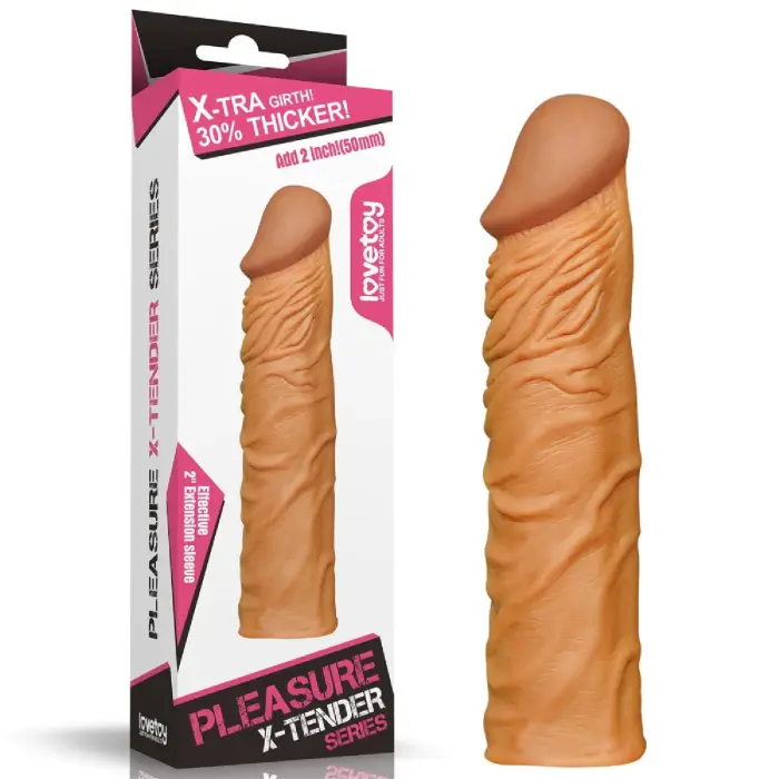 Add 2" Pleasure X Tender Penis Sleeve – TPE penis extender sleeve – brown