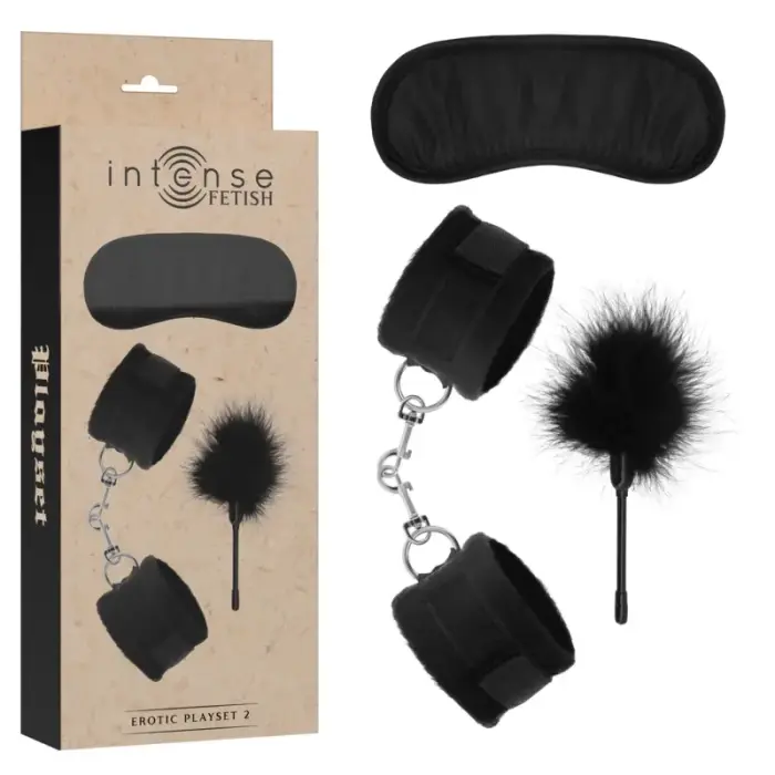 INTENSE FETISH Playset 2 набор из веганской кожи с наручниками, повязкой и тиклером – чёрный