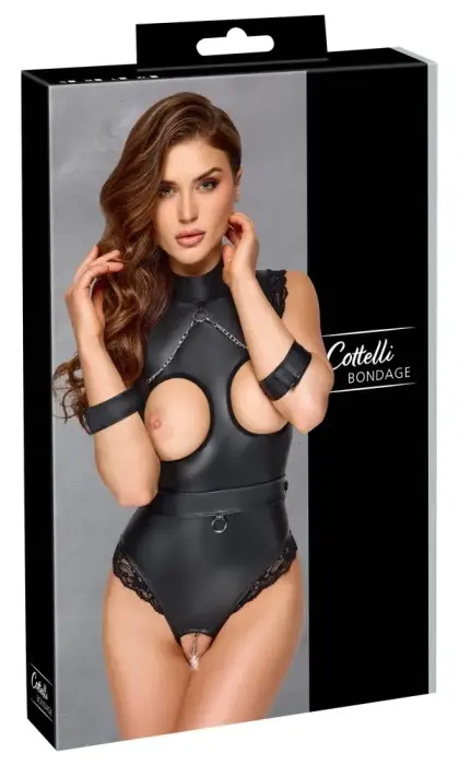 Cottelli Bondage – матовое боди с кольцом на воротнике и поясом-фиксатором – чёрное – XL