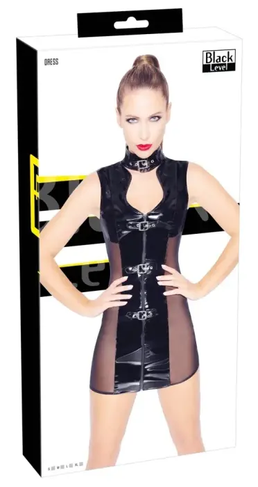 Black Level Vinyl Dress with Buckle and Mesh Sides – S – Black