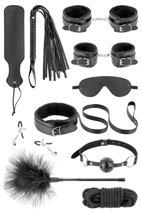Fetish Tentation Coffret Bondage SM – vegan leather bondage set, 10 pieces (rope, blindfold, collar with leash, feather, ball gag, ankle and wrist cuffs, whip, nipple clamps, paddle)