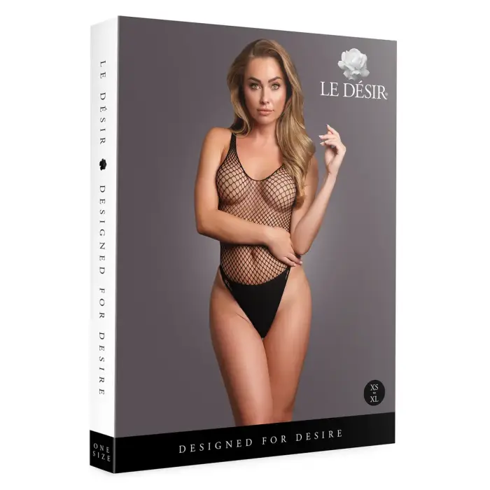 Mesh Bodysuit with Fishnet Pattern – Black – One Size