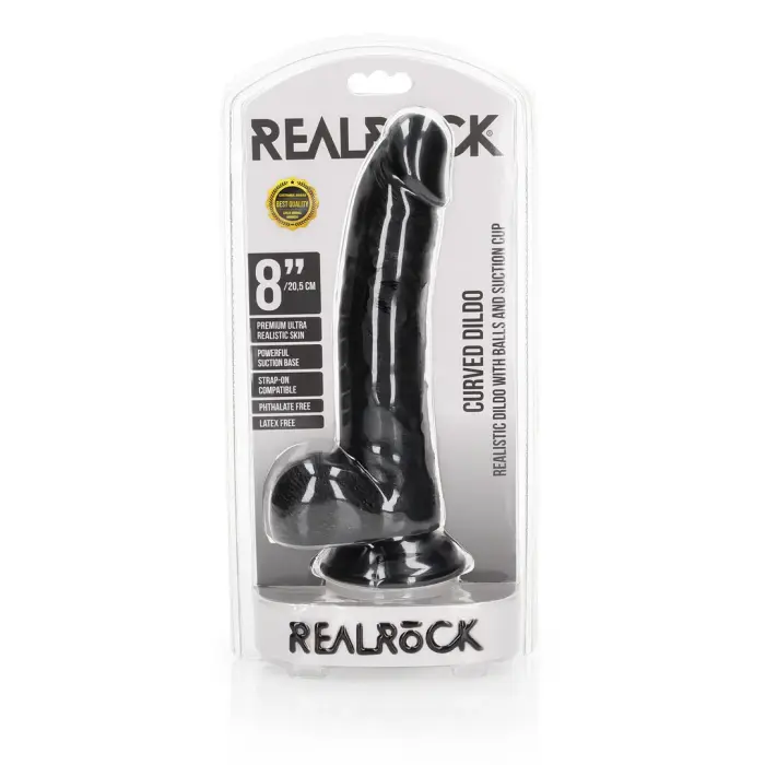 Izliekts reālistisks dildo ar sēkliniekiem un piesūcekni – 20.5 cm (8″) – Melns