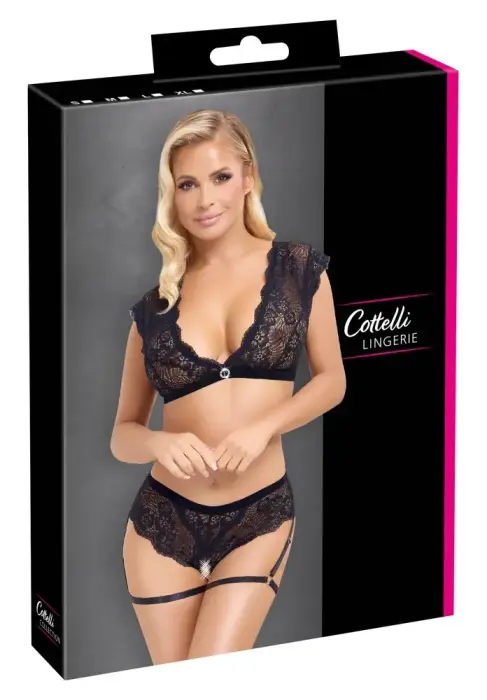 Cottelli Lingerie Black Lace Set Top & Crotchless Briefs – M
