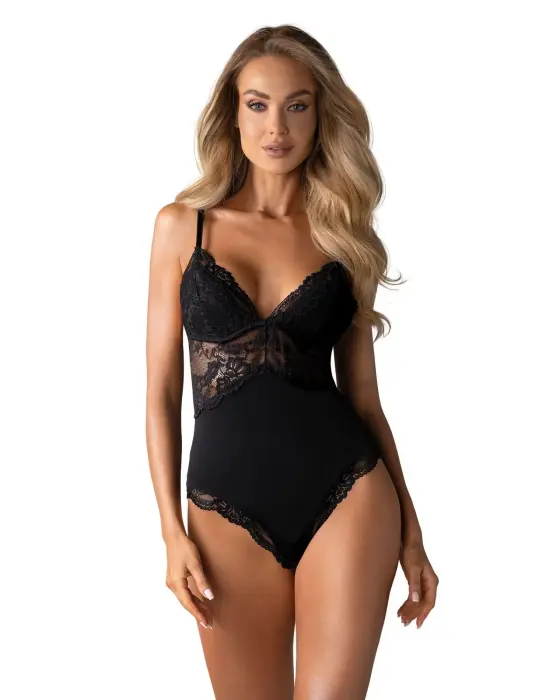 Чёрное кружевное боди с косточками – L/XL