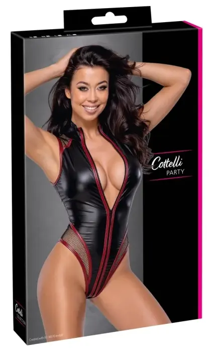 Cottelli – high-leg thong body with net inserts and red piping – matte black – XL