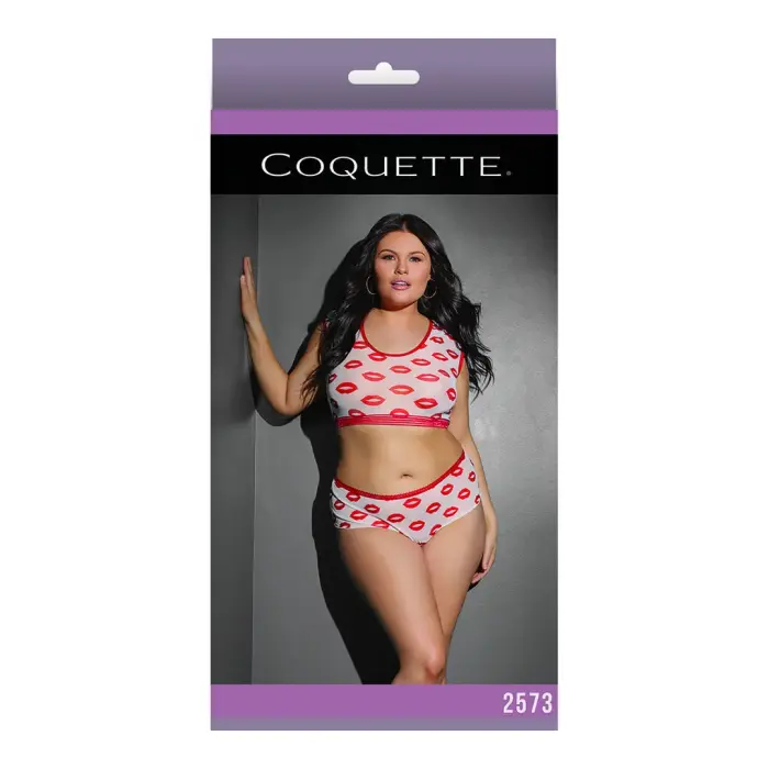 Crop top un šortu komplekts ar lūpu apdruku – balts – Queen Size